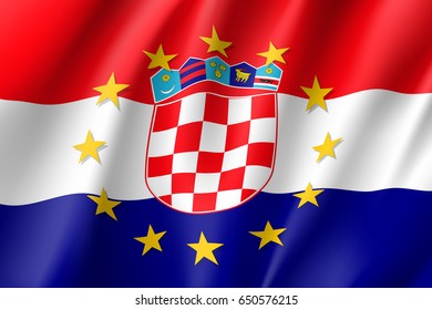 Croatia national flag with a circle of European Union twelve gold stars, political and economic union with EU, member since 1 July 2013. Realistic vector style illustration