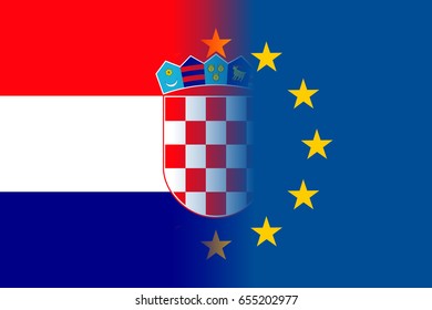 Croatia national flag with a flag of European Union twelve gold stars, political and economic union with EU, member since 1 July 2013. Vector flat style illustration