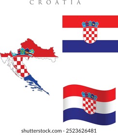 Croatia National Flag with Map Design, Illustration Of Croatia Country Flag Inside The Map . Flag of the Croatia Republic overlaid on detailed outline country map isolated on white background