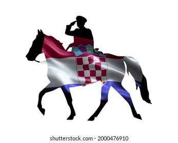 Croatia national flag pinned on stallion horse and officer silhouette