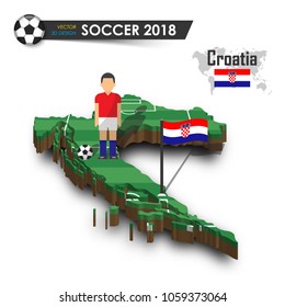 Croatia national soccer team . Football player and flag on 3d design country map . isolated background . Vector for international world championship tournament 2018 concept .