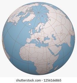 Croatia on the globe. Earth hemisphere centered at the location of the Republic of Croatia. Croatia map.