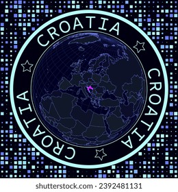 Croatia on globe vector. Futuristic satelite view of the world centered to Croatia. Geographical illustration with shape of country and squares background. Bright neon colors on dark background.