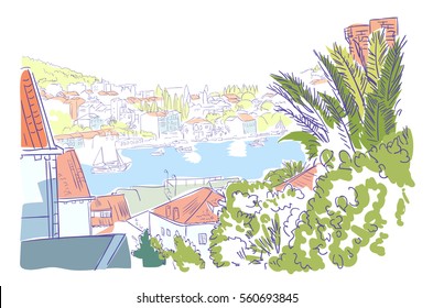 croatia panorama vector sketch Dubrovnik