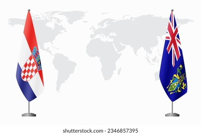 Croatia and Pitcairn Islands flags for official meeting against background of world map.