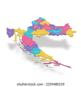 Croatia political map of administrative divisions - counties. 3D colorful vector map with name labels.