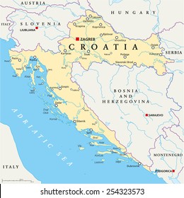 Croatia Political Map with capital Zagreb, national borders, important cities, rivers and lakes. English labeling and scaling. Illustration.