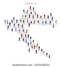Croatia population map. Large group of realistic a diverse crowd of people figures in a shape of Croatian map. Flat vector illustration isolated on white.