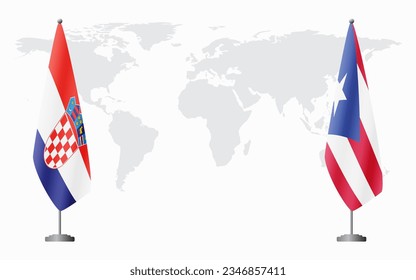 Croatia and Puerto Rico flags for official meeting against background of world map.