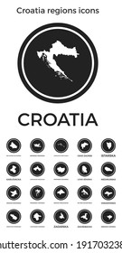 Croatia regions icons. Black round logos with country regions maps and titles. Vector illustration.