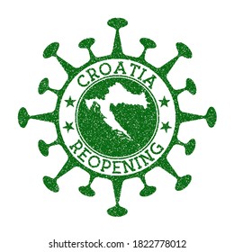 Croatia Reopening Stamp. Green round badge of country with map of Croatia. Country opening after lockdown. Vector illustration.