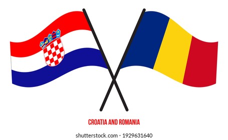 Croatia and Romania Flags Crossed And Waving Flat Style. Official Proportion. Correct Colors.