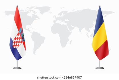 Croatia and Romania flags for official meeting against background of world map.