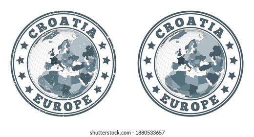 Croatia round logos. Circular badges of country with map of Croatia in world context. Plain and textured country stamps. Vector illustration.