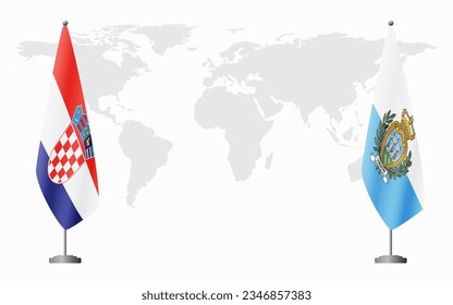 Croatia and San Marino flags for official meeting against background of world map.