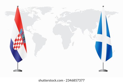 Croatia and Scotland flags for official meeting against background of world map.