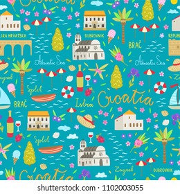 Croatia seamless pattern. Travel symbols of Croatia. Cute illustrations with architecture, food, nature elements on background svg