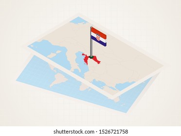 Croatia selected on map with isometric flag of Croatia. Vector paper map.