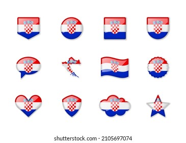 Croatia - set of shiny flags of different shapes. Vector illustration
