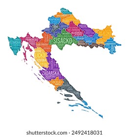 Croatia shape. Country word cloud with region division. Croatia colored illustration. Region names cloud. Vector illustration.