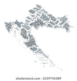 Croatia shape text cloud. Country border with shadow on white background. Croatia with regions division in vintage gazette style. Creative vector illustration.