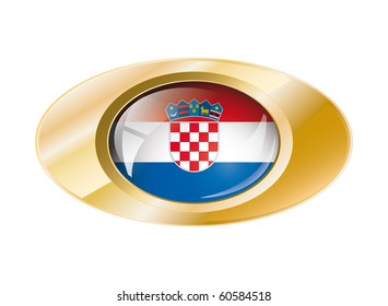 Croatia shiny button flag with golden ring vector illustration. Isolated abstract object against white background.
