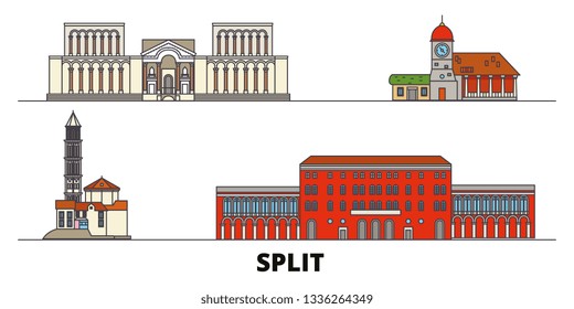 Croatia, Split flat landmarks vector illustration. Croatia, Split line city with famous travel sights, skyline, design. 