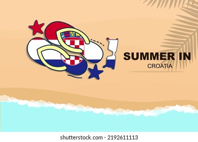 Croatia summer holiday vector banner, beach vacation concept, flip flops sunglasses starfish on sand, copy space area, Croatia summer travel and tourism idea with flag svg