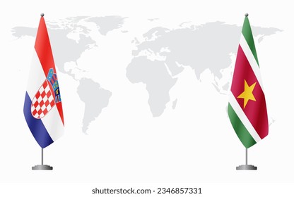 Croatia and Suriname flags for official meeting against background of world map.