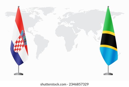 Croatia and Tanzania flags for official meeting against background of world map.