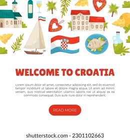 Croatia Travel Banner Design with Country Symbols Vector Template