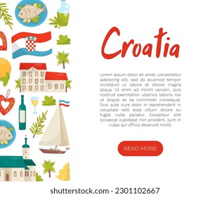 Croatia Travel Banner Design with Country Symbols Vector Template