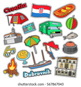 Croatia Travel Elements with Architecture and Ship. Vector Doodle svg
