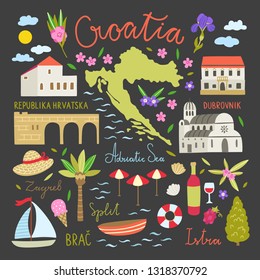 Croatia travel icons. Vector illustrations beach symbols, nature elements, ships, flowers, architecture svg