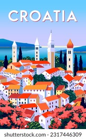 Croatia travel poster. Mediterranean romantic landscape with village in the first plan, sea and islands in the background. Handmade drawing vector illustration. 