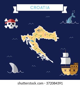 Croatia treasure map in flat design. Colorful cartoon treasure map of Croatia with flat design icons of pirate ship and jolly roger. Croatia flat design vector illustration.