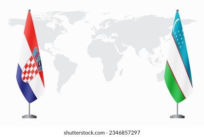 Croatia and Uzbekistan flags for official meeting against background of world map.