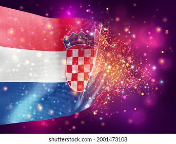 Croacia, bandera vectorial 3d sobre fondo púrpura rosa con iluminación y bengalas