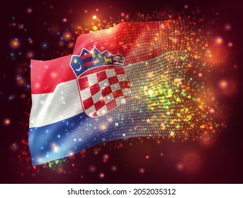 Kroatien, Vektor-3D-Flagge auf rosafarbenem violettem Hintergrund, Beleuchtung und Aromen