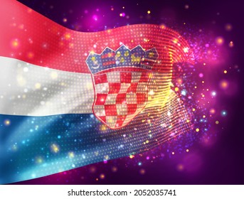 Croatia, vector 3d flag on pink purple background with lighting and flares