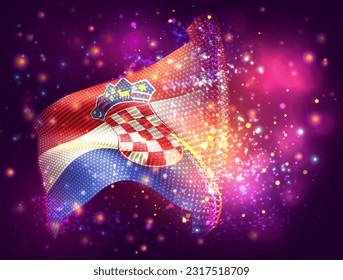 Croatia, vector 3d flag on pink purple background with lighting and flares