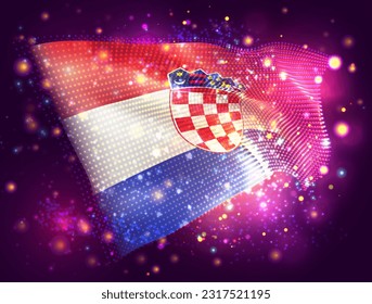Croacia, bandera vectorial 3d sobre fondo púrpura rosa con iluminación y bengalas