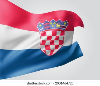 Croatia, vector flag with waves and bends waving in the wind on a white background.