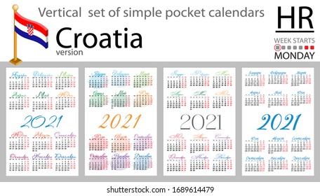 Croatia vertical set of pocket calendars for 2021 (two thousand twenty one). Week starts Monday. New year. Color simple design. Vector