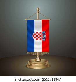 Croatia Vertical table flag with golden pole on dark gradient background, Template banner vector  Illustration