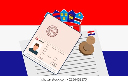 Croatia visa, open stamped passport with visa approved document for border crossing. Immigration visa concept. Background with Croatia flag. vector illustration