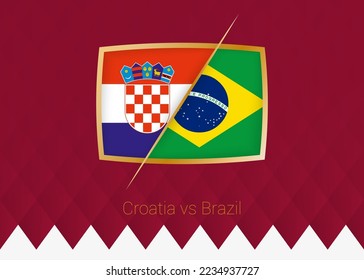 Croatia vs Brazil, Quarter finals icon of football competition on burgundy background. Vector icon.