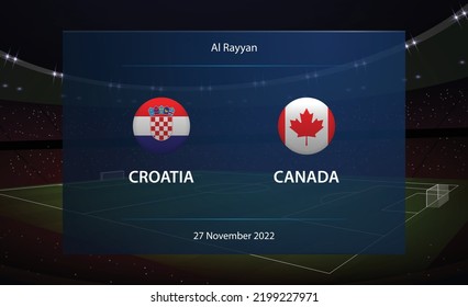 Croatia vs Canada. Football scoreboard broadcast graphic soccer template