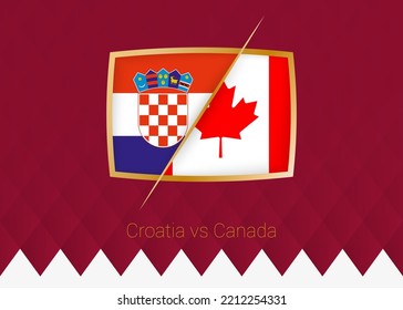 Croatia vs Canada, group stage icon of football competition on burgundy background. Vector icon.