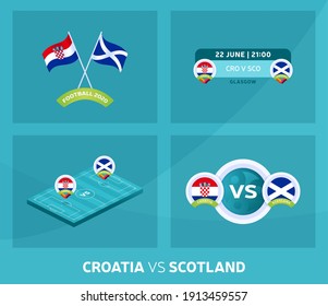 Croatia vs Scotland euro 2020 match set. Football 2020 championship match versus teams intro sport background, championship competition final poster, flat style vector illustration.